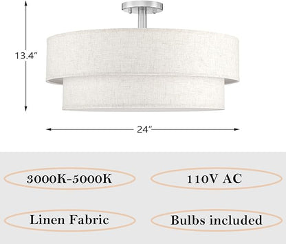 24 Inch LED 28W Adjustable 3000/4000/5000 Brushed Nickel Double Drum Linen Fabric Shade Semi Flush Mount Close to Ceiling Light Fixture for Bedroom,Living Room,Dining Room Hallway