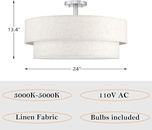 24 Inch LED 28W Adjustable 3000/4000/5000 Brushed Nickel Double Drum Linen Fabric Shade Semi Flush Mount Close to Ceiling Light Fixture for Bedroom,Living Room,Dining Room Hallway