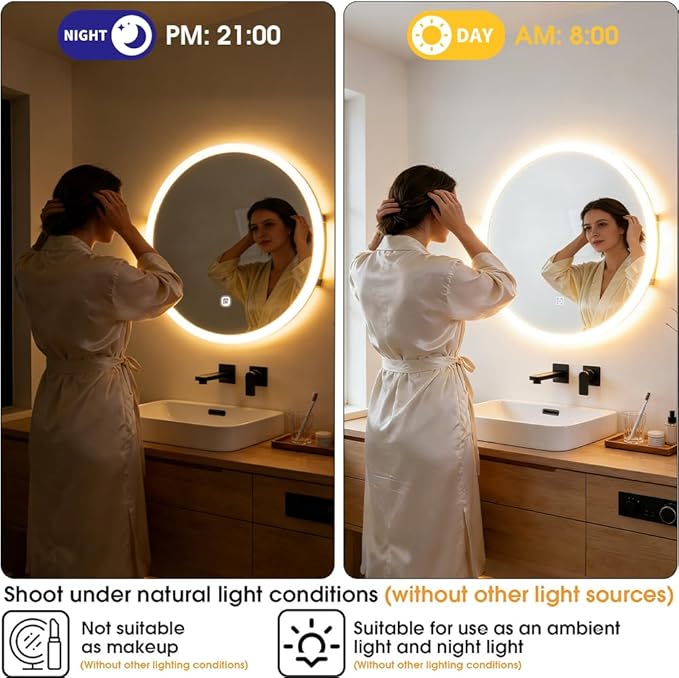 20 Inch Round LED Bathroom Mirror with Frontlit and Backlit, Lighted Vanity Bathroom Mirror, Stepless Dimmable & 3 Colors (3000K/4000K/6000K), IP54 Waterproof