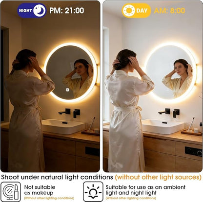20 Inch Round LED Bathroom Mirror with Frontlit and Backlit, Lighted Vanity Bathroom Mirror, Stepless Dimmable & 3 Colors (3000K/4000K/6000K), IP54 Waterproof