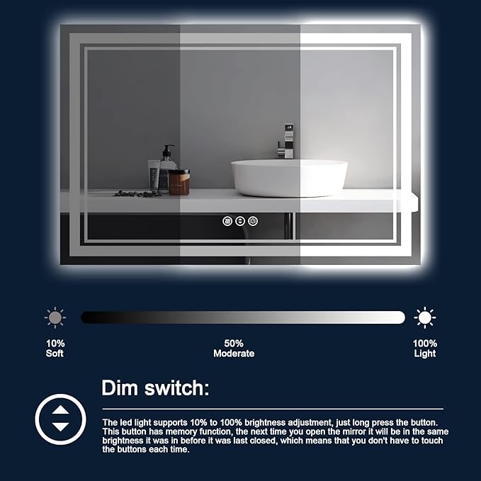 60x40 Inch LED Bathroom Mirror with Lights, Backlit and Front Lighted Bathroom Mirrors for Wall, Anti-Fog Dimmable Memory Shatterproof LED Vanity Mirror for Bathroom