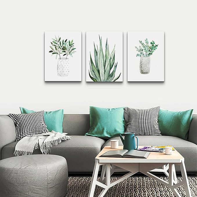 Lapremoly Large Canvas Wall Art For Living Room Wall Decor For Bedroom Kitchen Dining Room Decoration Leaf Abstract Pictures Office Room Home Walls Artwork Green Plants Ink Wall Paintings 3 Piece