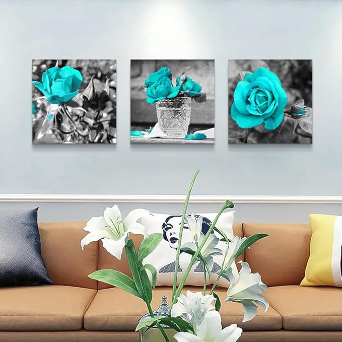 Lapremoly Canvas Wall Art For Bedroom Large Wall Decor For Living Room Black And White Wall Paintings Blue Rose Flowers Pictures Framed Canvas Prints Ready To Hang Room For Girls Home Decoration