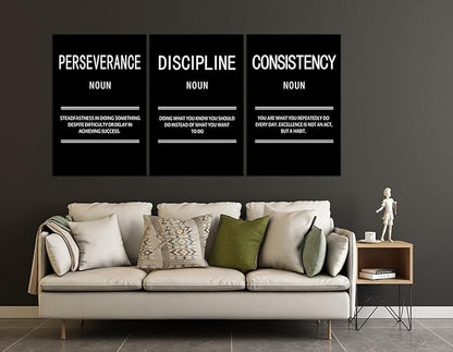 3 Panel Inspirational Canvas Perseverance Discipline Consistency Print Wall Art Motivational Poster Painting Modern Inspiring Artwork for Home Living Room Office Decor Ready to Hang [72''Wx 36''H]