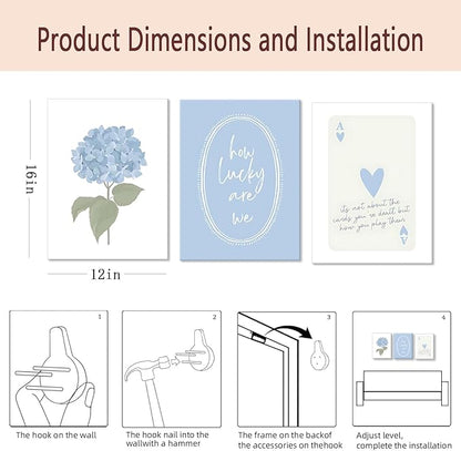 Cshylven Hydrangea Wall Art Set of 3, Blue Floral Canvas Prints, Inspirational Quote Modern Minimalist Botanical Wall Decor, Preppy Baby Blue Aesthetic Pictures for Bedroom Bathroom Dorm 12x16 Framed
