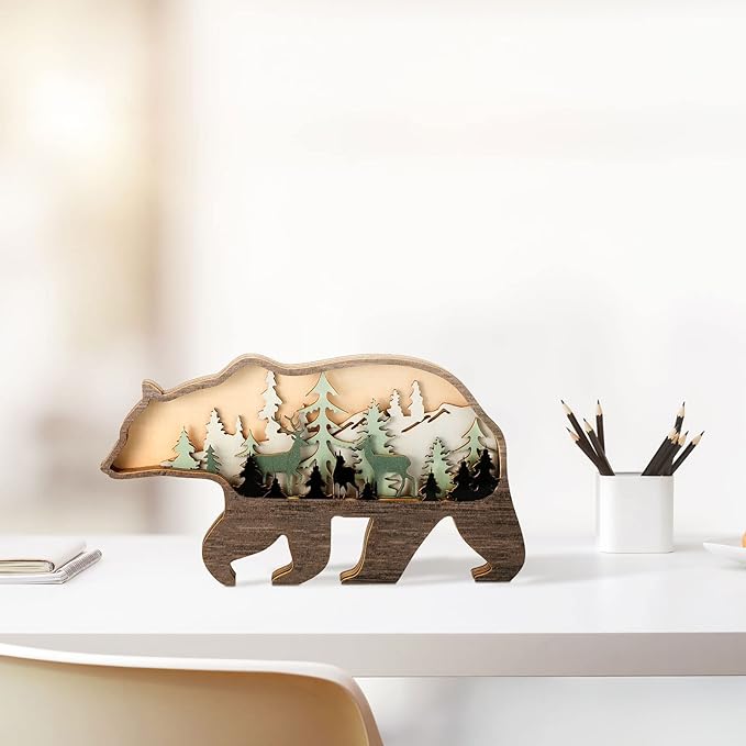 Honoson Forest Animal Rustic Wall Art Decor Wooden Farmhouse Wall Decoration Wooden Animal Decor Wood Forest and Mountain Ornaments for Cabin Bedroom Living Room Decor(Colorful,Bear Style)