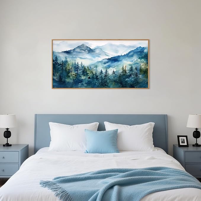 Blue Ridge Mountains Forest Framed Canvas Wall Art Set, Natural Landscape Wall Decor, Green Pine Trees Wall Painting, Woodland Artworks for Living Room, Bedroom, Dining Room-20"x40"