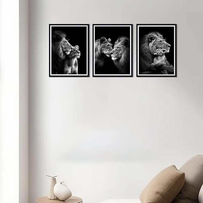 Black White Lion Family Framed Canvas Wall Art Set of 3 Majestic Lion Pride Decor for Office Nursery Living Room Bedroom African Wildlife Animals Print Artwork Wall Decor Easy to Hand 12x16inchx3pcs