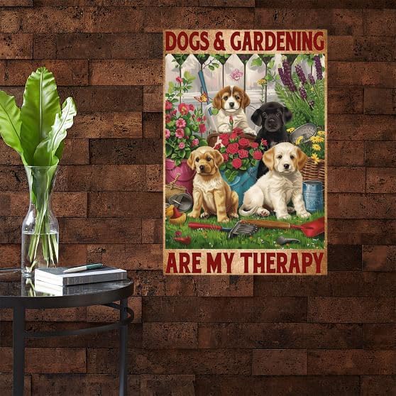 Metal Dogs and Gardening Are My Therapy Vintage Retro Aluminum Tin Sign for Garden Kitchen Office Home Bar Cafe Decor 8x12 Inch