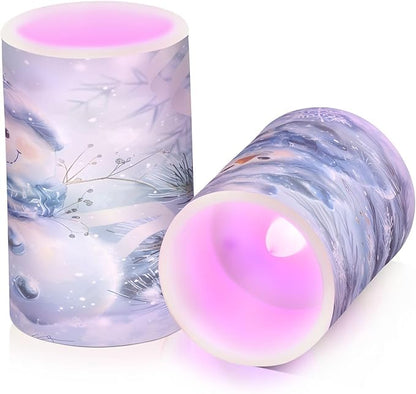 ALAZA Blue and Silver Christmas Snowman Flickering Flameless Candles Battery Operated with Remote Timer,Tea Light Candles LED Pillar Votive Candles Set of 2 for Outdoor Indoor Decorations