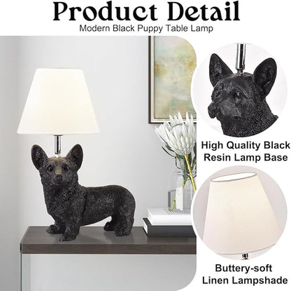 Black Corgi Table Lamp Modern Resin Puppy Desk Lamp Aesthetic Linen Bedside Lamp for Night Stands Living Room Bedroom Corner Kid’s Room Decor