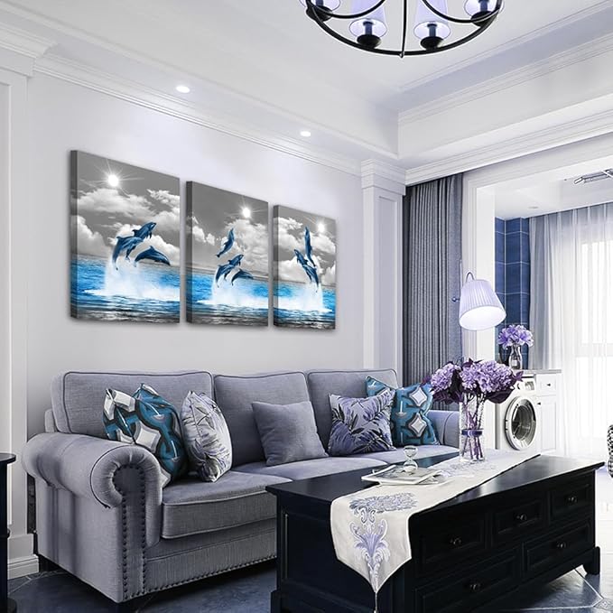 TTHYUEWS Canvas Wall Art For Bedroom Modern Wall Decor For Living Room Black and White Seascape Blue Ocean Wall Painting Animal Dolphin Abstract Pictures Artwork Bathroom Home Decor 3 Piece 12x16