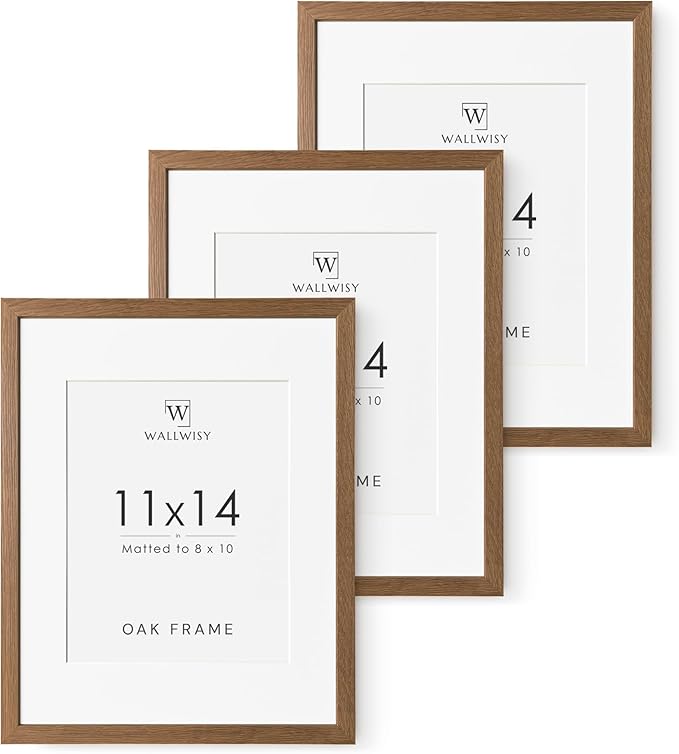 11x14 Picture Frame, 11 x 14 Solid Oak Photo Frame with Mat to 8x10, 14 x 11 Wooden Frames for Wall, 11x14 Natural Oak Wood Frame, (Walnut Set of 3)