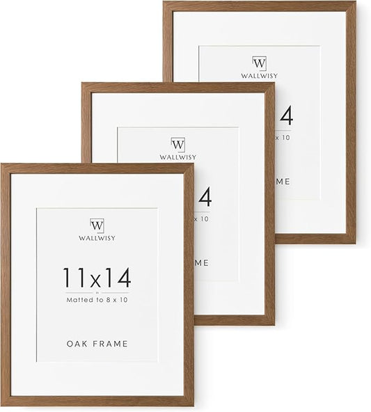 11x14 Picture Frame, 11 x 14 Solid Oak Photo Frame with Mat to 8x10, 14 x 11 Wooden Frames for Wall, 11x14 Natural Oak Wood Frame, (Walnut Set of 3)