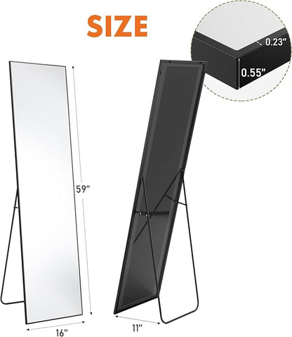 DUMOS Black Full Length Mirror with Stand, 59''×16.5'' Floor Mirror with Aluminum Alloy Frame for Bedroom, Standing Full Body Mirror with Shatter-Proof Glass for Wall, Living Room, Cloakroom