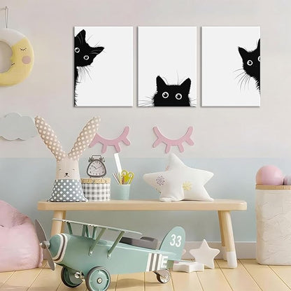 AOYUSMO 3 Piece Black Cat Canvas Wall Art Funny Animal Wall Art for Nursery Cute Picture Decor Minimalist Black And White Modern Prints for Children's Room Bedroom 16"x24" Framed