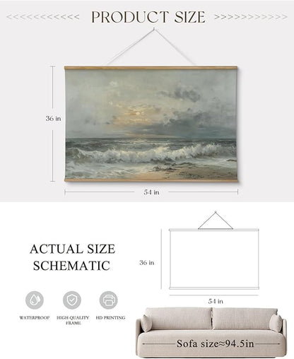 ARPEOTCY Extra Large Vintage Framed Wall Art, 36x54 Inch Sunset over the Sea Landscape Hanging Canvas Prints Scroll Wall Art Decor for Living Room Bedroom, Retro Scenery Pictures Above of Bed