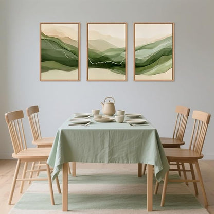 Large Abstract Smoke Waves Framed Canvas Wall Art Set,Ink Minimalist Green Beige Wall Decor,Watercolor Modern Neutral Lines Artwork for Living Room,Bedroom,Office-16 x24 x3