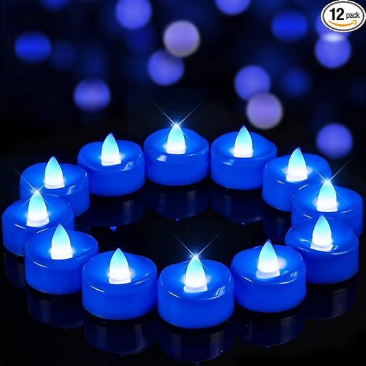 merrynights Flameless Candles, 12 Pack Tea Lights Candle Battery Operated, LED Tealight Votives, Realistic Tea Lights for Halloween Christmas Party Decor -D 1.5” x H 1.25” -Blue Light
