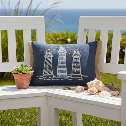 Comfy Hour Under The Sea Collection Ocean Coastal Three Lighthouses Accent and Throw Pillow Blue Decorative Cushion, 18"x13", Polyester