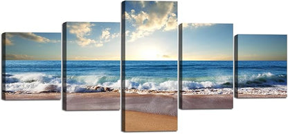 Beach Ocean Wave Pictures Wall Art for Living Room Home Decor Framed Stretched Modern Landscape Seascape Painting on Canvas 5 Piece (50" W x 24" H)