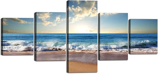 Beach Ocean Wave Pictures Wall Art for Living Room Home Decor Framed Stretched Modern Landscape Seascape Painting on Canvas 5 Piece (50" W x 24" H)