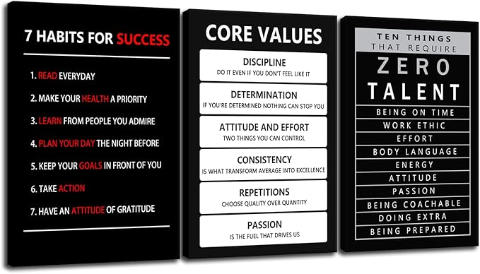Inspirational Canvas Core Values Wall Art 3 Pieces Poster Motivational Ten Things That Require Zero Talent Canvas Artwork Picture Print Framed for Home Office Living Room Gym Wall Decor [48''Wx 24''H]