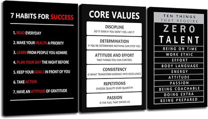 Inspirational Canvas Core Values Wall Art 3 Pieces Poster Motivational Ten Things That Require Zero Talent Canvas Artwork Picture Print Framed for Home Office Living Room Gym Wall Decor [48''Wx 24''H]