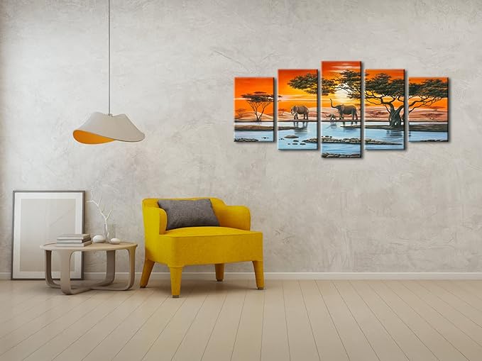 Wieco Art Elephant Family Canvas Prints Wall Art Animals Paintings Reproduction Pictures for Living Room Bedroom Home Decorations Modern 5 Panel Stretched and Framed African Landscape Giclee Artwork