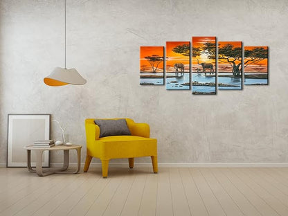 Wieco Art Elephant Family Canvas Prints Wall Art Animals Paintings Reproduction Pictures for Living Room Bedroom Home Decorations Modern 5 Panel Stretched and Framed African Landscape Giclee Artwork