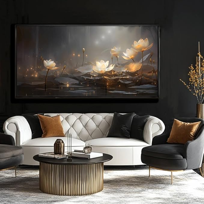 Flower Wall Decor Living Room Decor Modern Artwork 24"x 48" Gold and White Wall Art Floral Large Black Framed Plants Paintings Room Decor