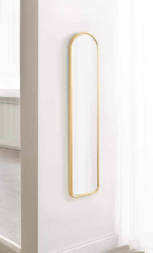 Kate and Laurel Caskill Slim Panel Wall Mirror; 8 x 38; Gold; Glam Tall Arch Mirror Wall Decor for Use as Skinny Entryway Mirror; Decorative Bedroom Mirror; or Cute Nursery Mirror