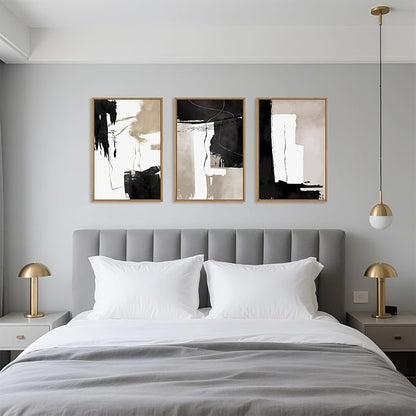 Celestdeco Black White Brown Framed Canvas Wall Art Set, Neutral Geometric Wall Decor, Modern Abstract Wall Painting, Minimalist Artworks for Living Room, Bedroom, Dining Room, Office-24 x36 x3