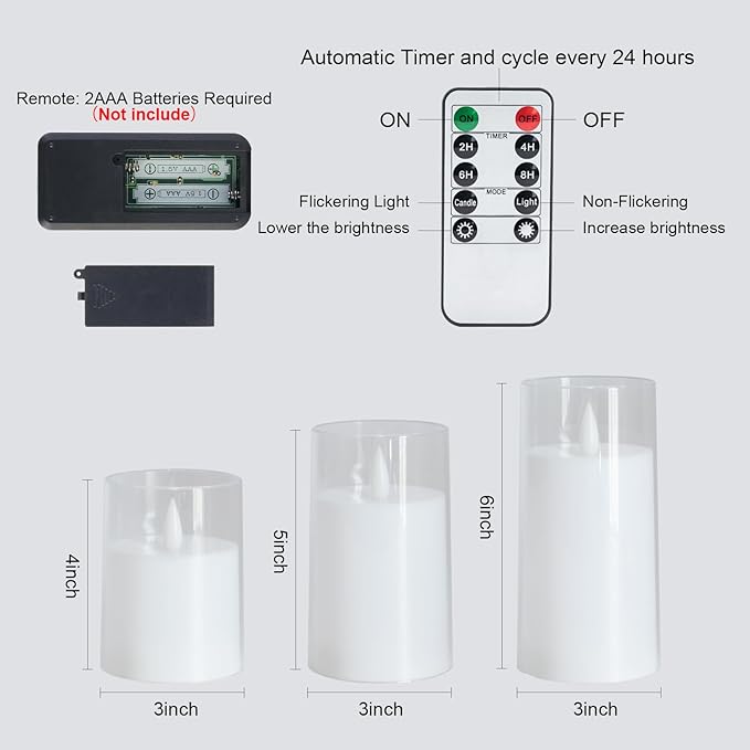 Amagic Led Flameless Candles with Remote and Timer,White Realistic Flickering Battery Operated Acrylic Pillar Fake Candles for Home Wedding Party Decor,Set of 9, D3×H4 4" 4" 5" 5" 5" 6" 6" 6"