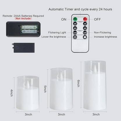 Amagic Led Flameless Candles with Remote and Timer,White Realistic Flickering Battery Operated Acrylic Pillar Fake Candles for Home Wedding Party Decor,Set of 9, D3×H4 4" 4" 5" 5" 5" 6" 6" 6"