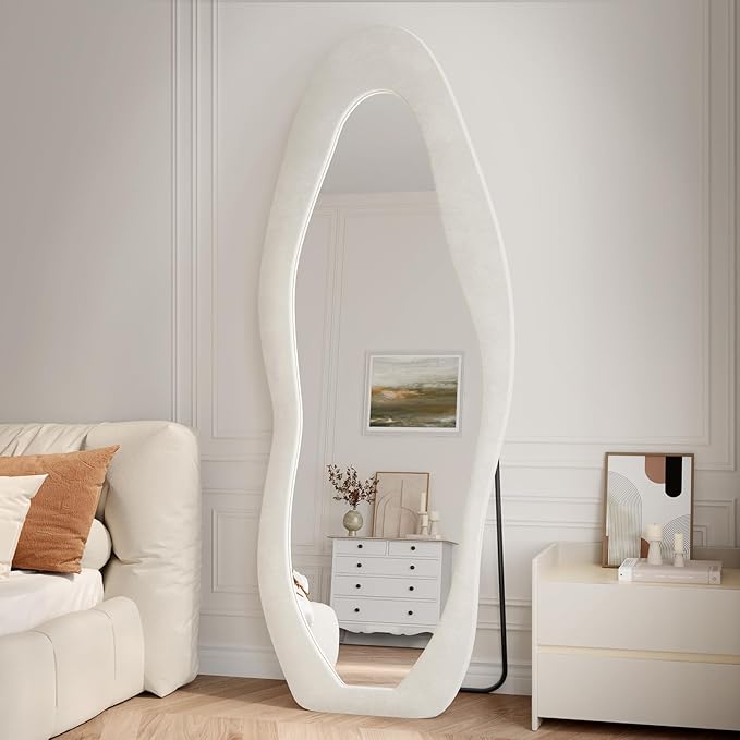 Full Length Mirror, 71"x30" Full Body Mirrors, Flannel Floor Mirrors with Stand, Irregular Wavy Mirror Hanging or Leaning Against Wall for Bedroom Living Room, Beige