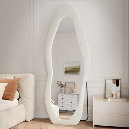 Full Length Mirror, 71"x30" Full Body Mirrors, Flannel Floor Mirrors with Stand, Irregular Wavy Mirror Hanging or Leaning Against Wall for Bedroom Living Room, Beige