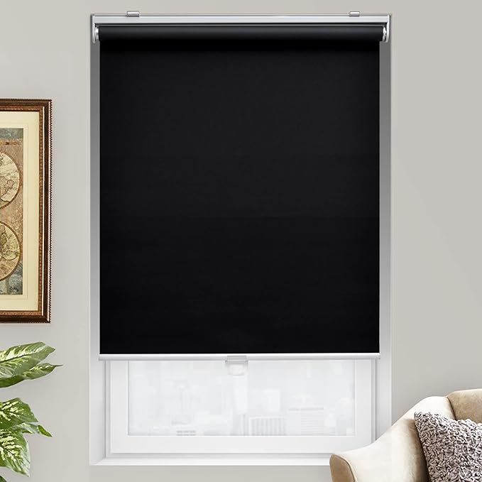 Cordless Roller Shades Blackout Blinds for Windows Room Darkening Rolled Up Shades with Spring System, UV Protection Window Shades Door Blinds for Home and Office (56" W x 72" H, Black)