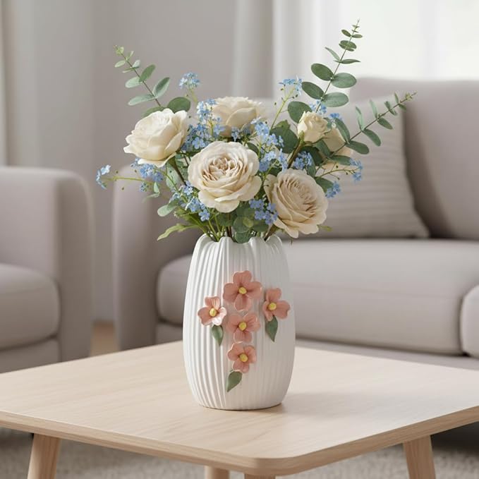 Small White Vase - 7 Inch Ceramic Modern Vase for Pampas Grass, 3D Sculpted Minimalist Flower Vases Home Decor, Living Room, Office Desk, Table, Centerpiece Decor