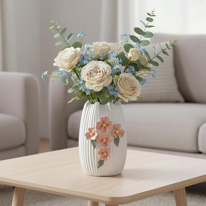 Small White Vase - 7 Inch Ceramic Modern Vase for Pampas Grass, 3D Sculpted Minimalist Flower Vases Home Decor, Living Room, Office Desk, Table, Centerpiece Decor