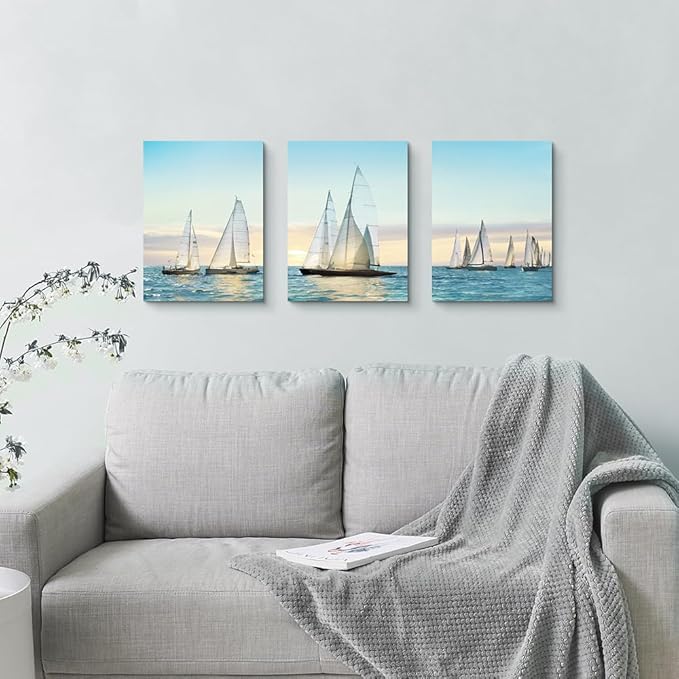 Hardy Gallery sailboat wall art coastal pictures: nautical wall decor sailing artwork blue ocean print in canvas painting for bathroom 12" x 16" x 3 panels