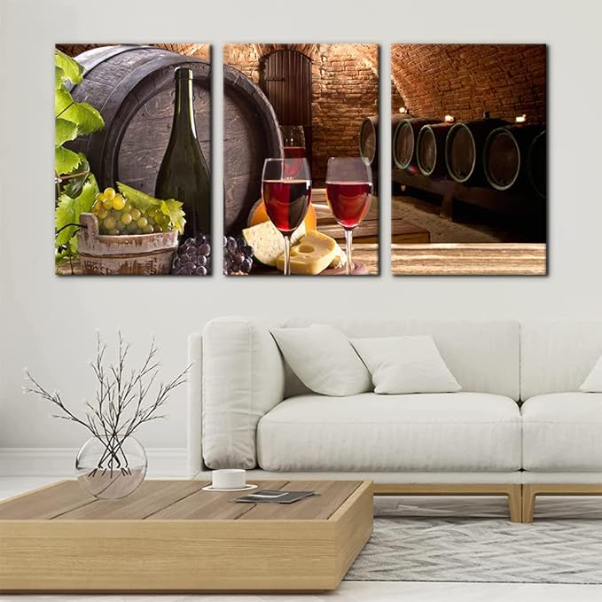 Kitchen Wall Art Red Wine Cellar Pictures Wooden Barrel and Fruit Grape Painting for Living Room 3 Panel Canvas Artwork House Modern Decor Giclee Posters Prints Framed Ready to Hang - 16 x 24 inch x 3
