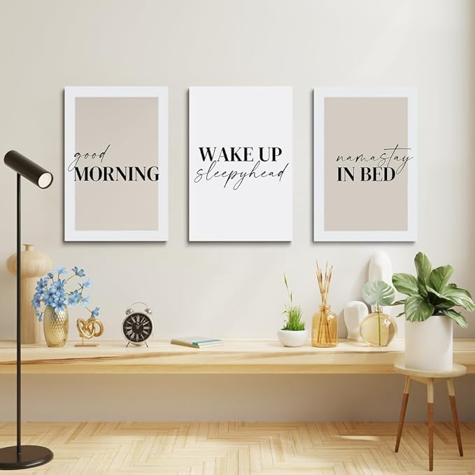 GUBIYU Above Bed Decor Set of 3 - Good Morning Namastay in Bed Canvas Wall Art - Beige and White Minimalist Prints for Bedroom, Nursery - Large 16"x24" Artwork