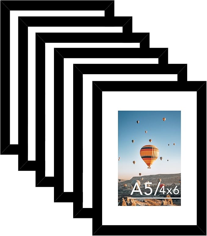 JCJMY 5.8x8.3 A5 Picture Frame Set of 6 Black with 4x6 Mat for Wall Hanging or Tabletop, Display Photo 4x6 with Mat or 5.8 x 8.3 Without Mat, Wall Poster Photo Frame with Plexiglass, 6 Pack, Black