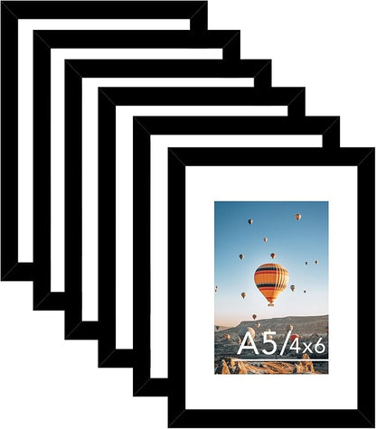 JCJMY 5.8x8.3 A5 Picture Frame Set of 6 Black with 4x6 Mat for Wall Hanging or Tabletop, Display Photo 4x6 with Mat or 5.8 x 8.3 Without Mat, Wall Poster Photo Frame with Plexiglass, 6 Pack, Black