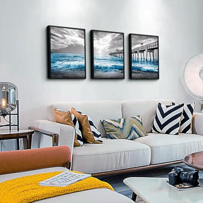 Black Framed Wall Decorations For Living Room 3 Piece Canvas Wall Art For Bedroom Office Wall Decor Black And White Wall Painting Blue Ocean Sea Wave Pictures Artwork For Posters Prints Home Decor