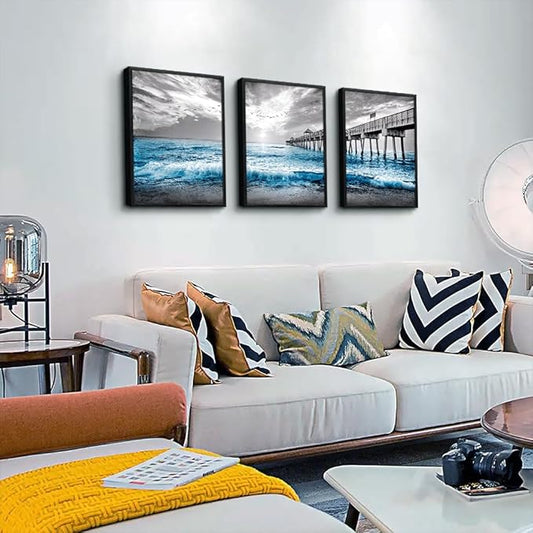 Black Framed Wall Decorations For Living Room 3 Piece Canvas Wall Art For Bedroom Office Wall Decor Black And White Wall Painting Blue Ocean Sea Wave Pictures Artwork For Posters Prints Home Decor