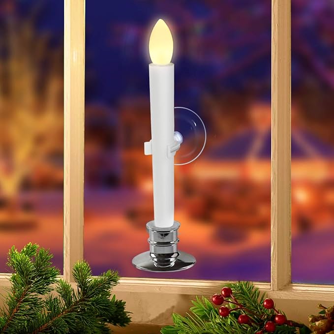 2 Pack Flameless Taper Candles with Remote/Timer & Suction Cup, Battery Operated Flickering LED Window Candles, Vintage Christmas Electric Fake Candlesticks, Silver Holder