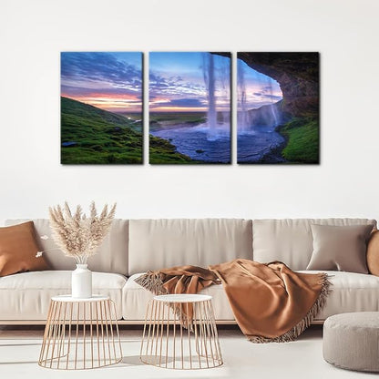 Pacimo Waterfall at Sunset Canvas Wall Art Print Iceland Landscape Painting Framed Wall Art Decor for Living Room Home Decoration 3 Pieces Gallery Wrapped Posters and Prints Ideal Gifts - 12"x16"x3