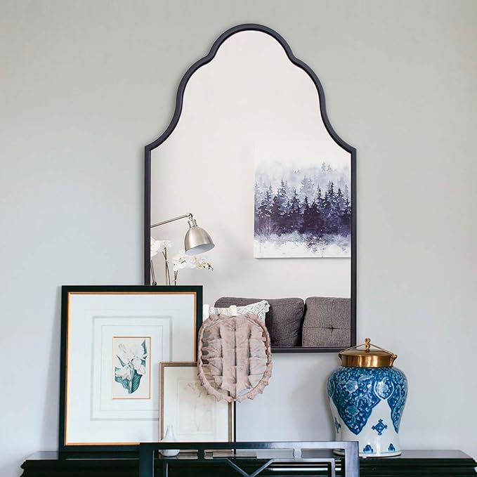 Chende 36'' X 24'' Arch Mirror with Wood Frame, Large Black Bathroom Mirror for Wall, Elegant Scalloped Mirror for Entryway, Living Room, Dining Room